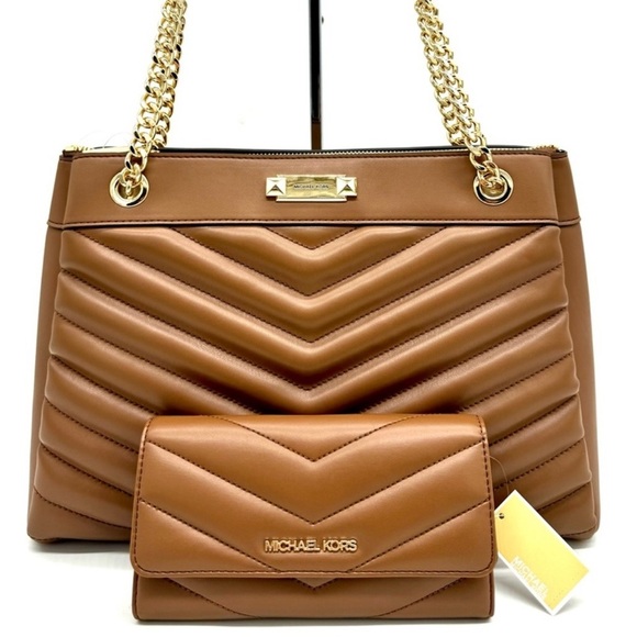 Michael Kors Whitney Medium Quilted Tote Bag & Large Trifold Wallet Luggage - Picture 1 of 13